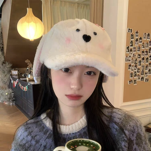 3分月光 可爱兔耳朵毛绒棒球帽女秋冬季卡通帽子保暖显脸小鸭舌帽
