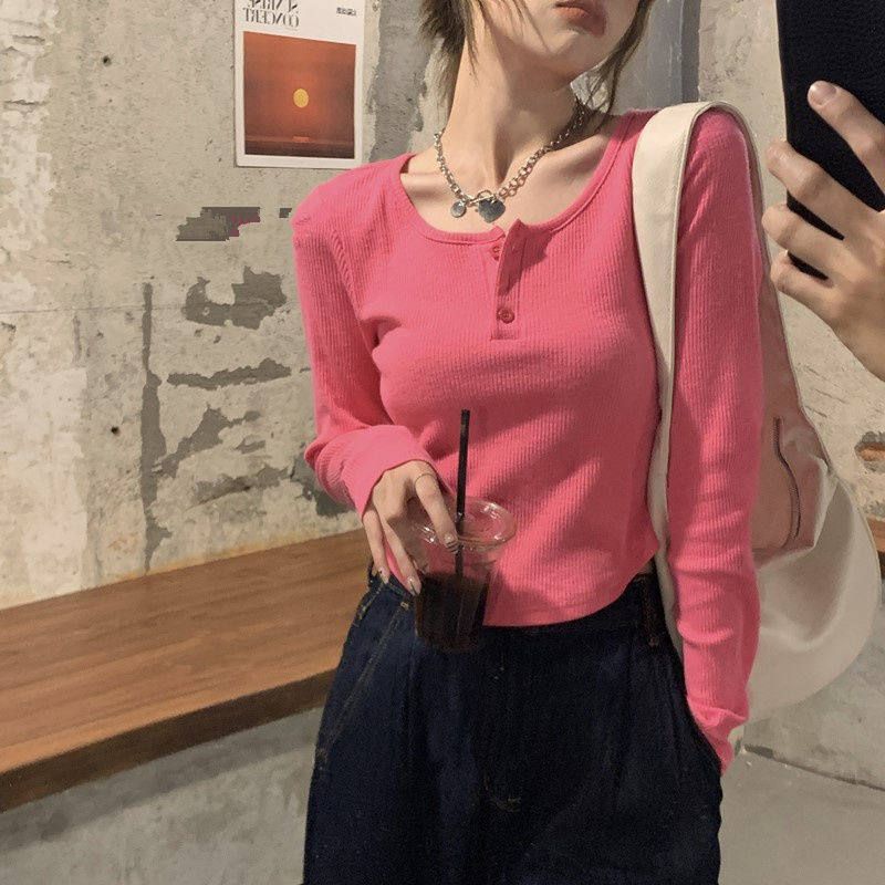 小众设计感白色长袖T恤女2021秋季修身小心机针织衫ins短款上衣潮