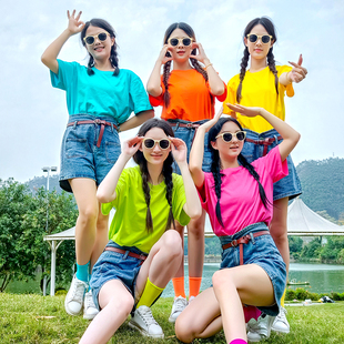 闺蜜姐妹团体聚会表演定制logo 套装 彩色t恤女纯棉夏短袖 牛仔短裤