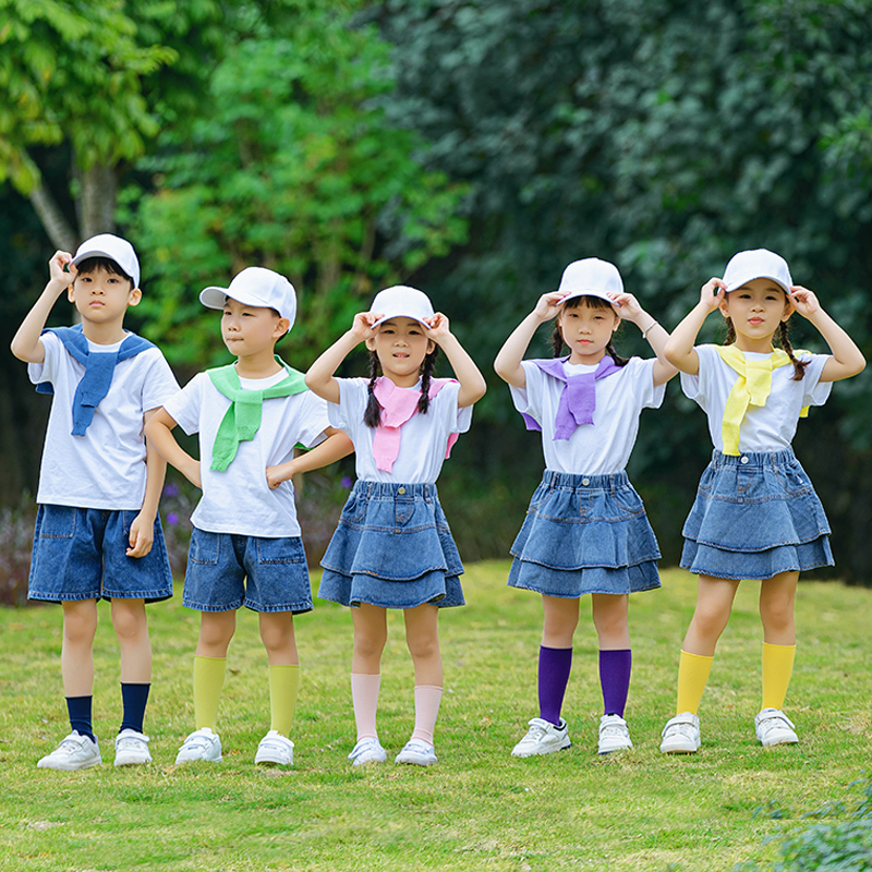 糖果色男女童演出服短袖短裤短裙套装幼儿园小学生表演舞台运动会