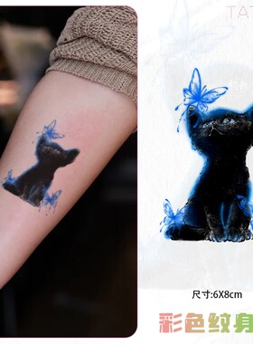 蓝蝴蝶德文猫彩色纹身贴