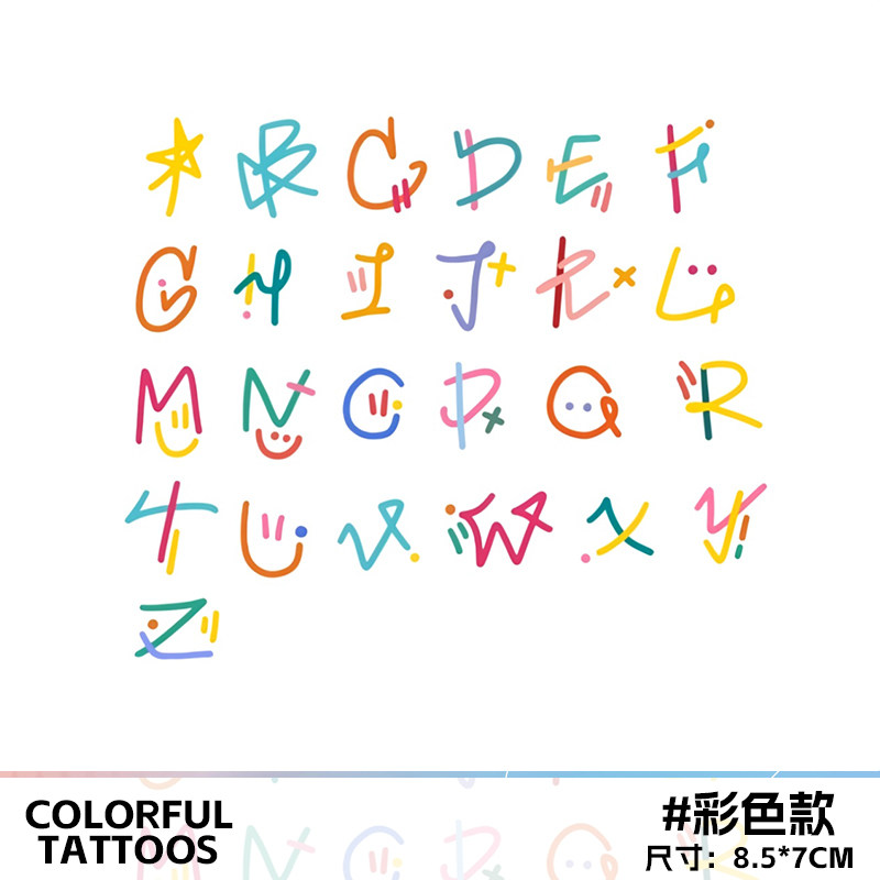26英文字母简笔画 彩色纹身贴新款多巴胺彩绘男女ins个性防水贴纸