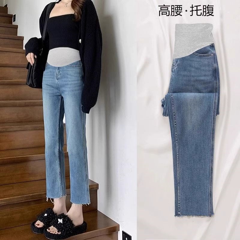 孕妇牛仔裤春秋九分裤烟管弹力托腹裤H宽松显瘦打底裤辣妈春季裤