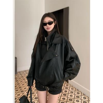 2025黑色覆古皮衣外套女