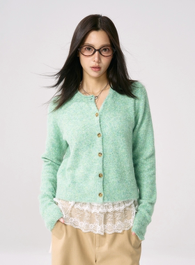 TENPSEN秋季幻彩纱绿色针织开衫覆古韩系慵懒卷边毛衣外套上衣女