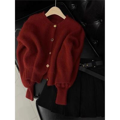 小香风新年酒红色针织开