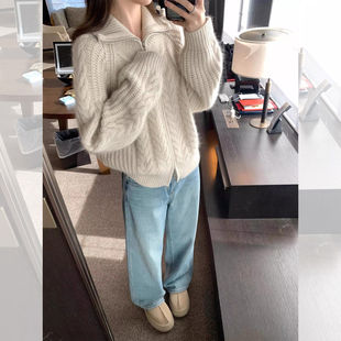 韩系高级感高领拉链麻花毛衣外套女秋冬外穿休闲宽松针织开衫上衣