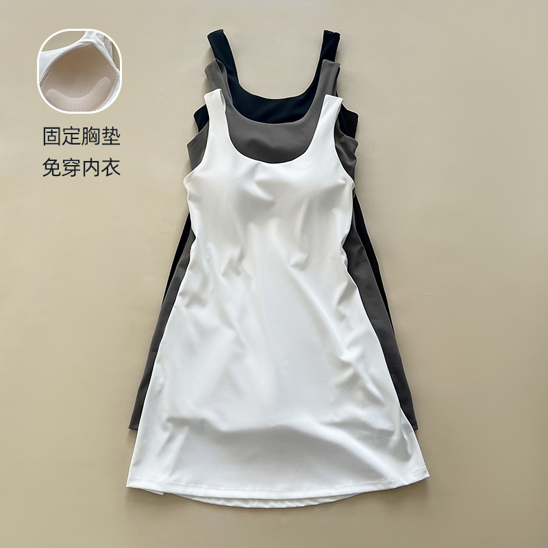 防走光瑜伽裙女高弹含胸垫隐藏短裤瑜伽连体衣运动网球背心连衣裙