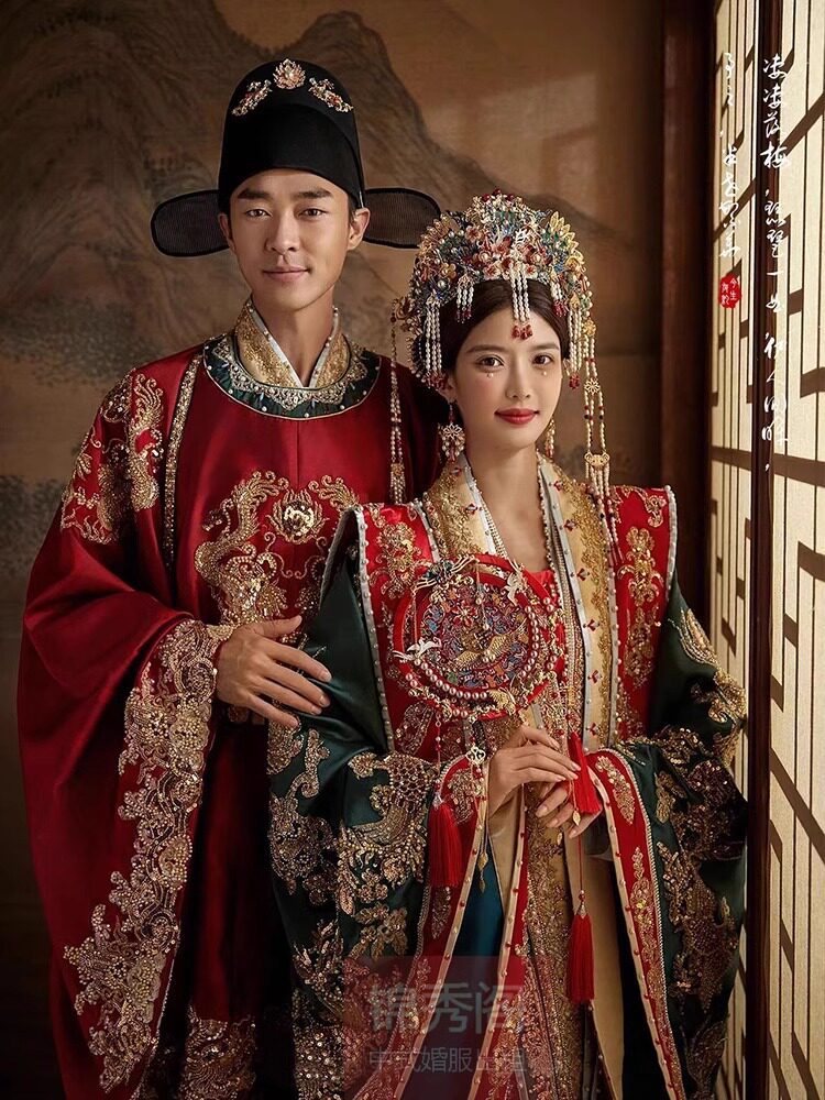 【出租】明宋制汉服婚服凤冠霞帔全套重工新中式新娘结婚嫁衣租赁_虎窝淘