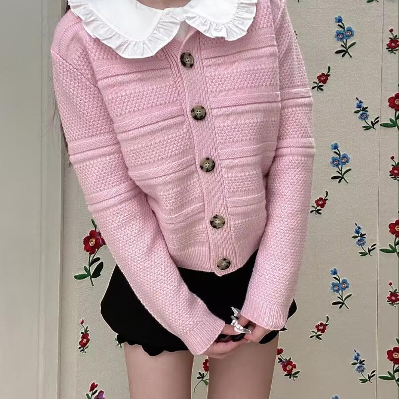 【高品质】shushu百搭纯色针织开衫上衣tong软糯甜美圆领外套sst