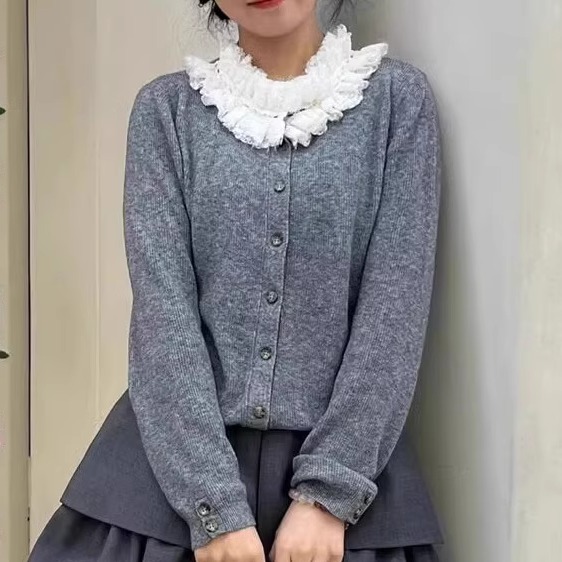 【高版本】shushu多层花边装饰领针织开衫蕾丝花边tong单排扣针织