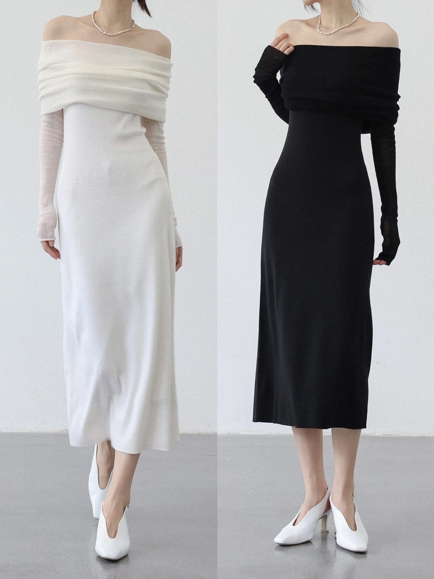 高定版Swaying纯欲氛围感水溶羊毛翻领堆堆肩一字肩毛衣女连衣裙