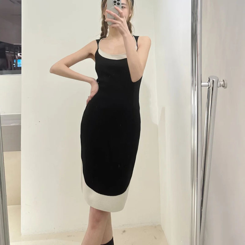 正确版Swaying23ss撞色背心裙修身气质休闲U领吊带连衣女裙长裙