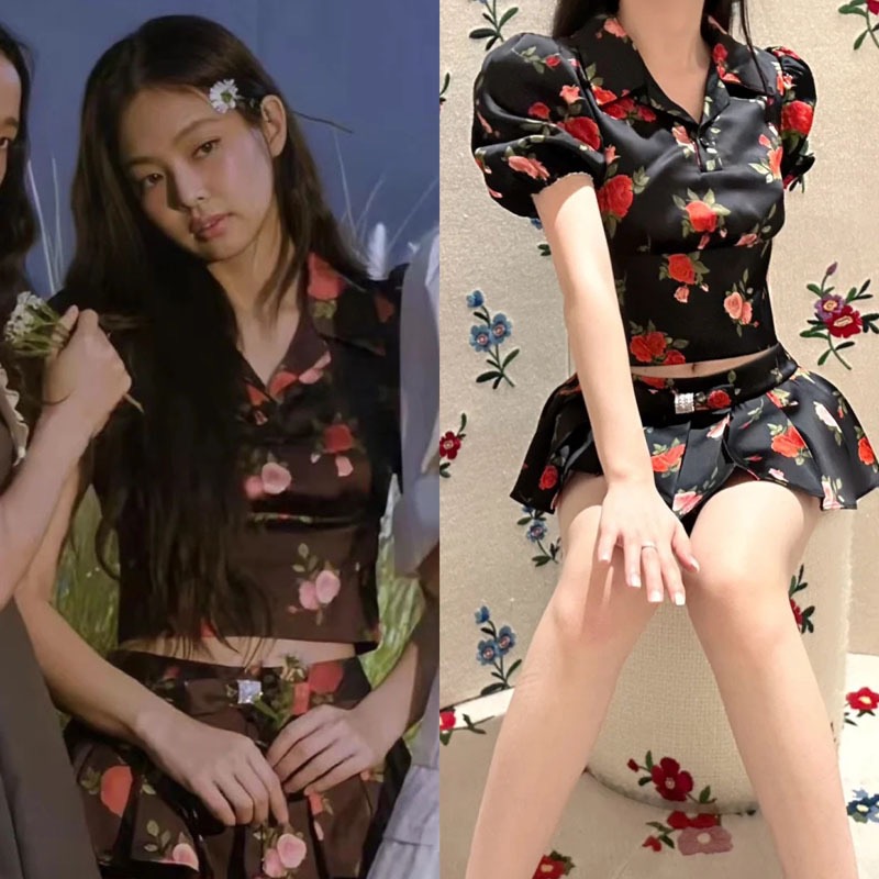 【高品质】shushu定制甜美短袖丝光tongV领短款衬衫女百褶裤裙sst