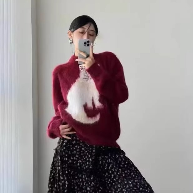 【高品质】shushu圆领搞怪猫咪tong马海毛套头慵懒毛衣上衣sst