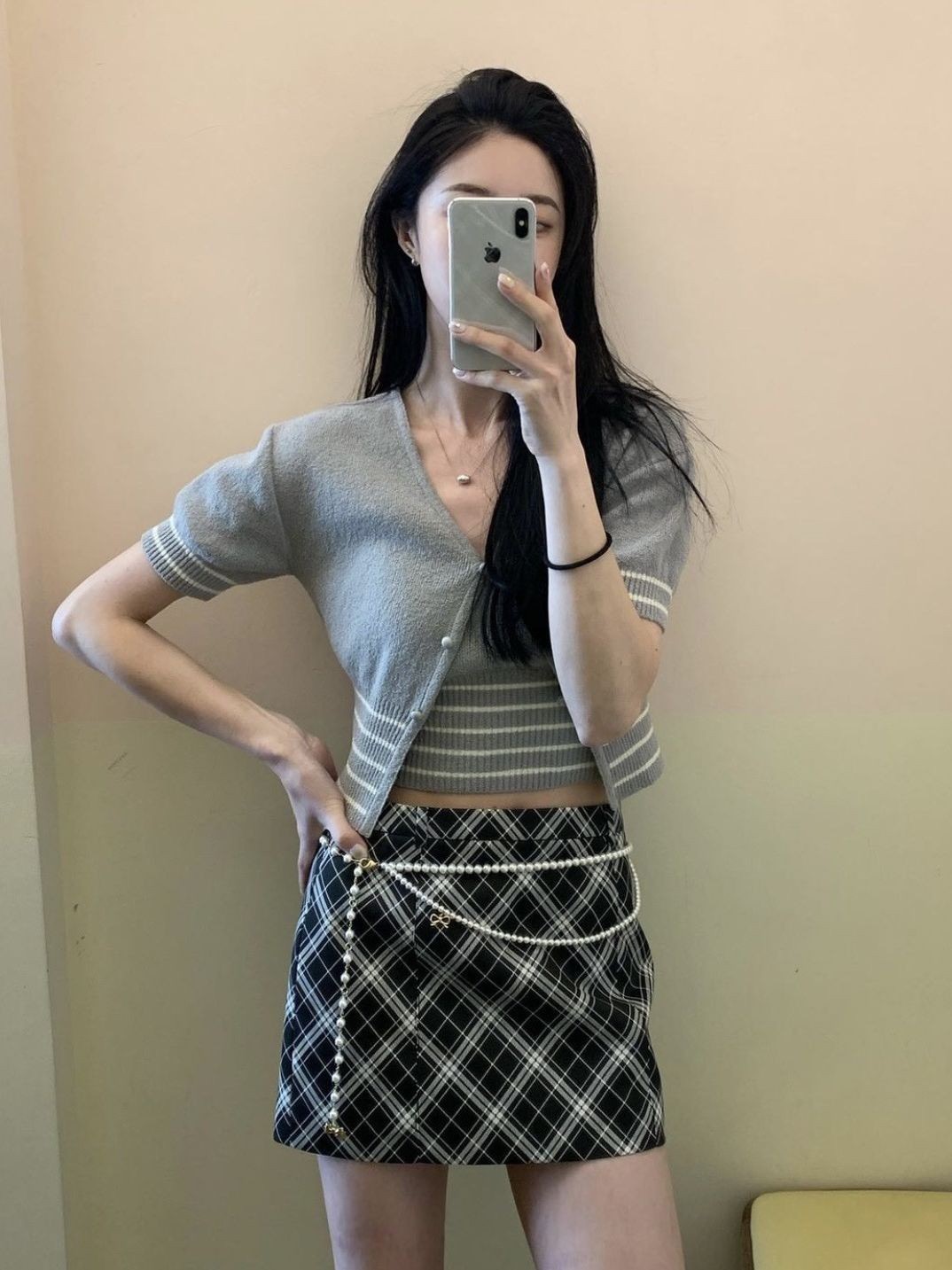 韩国东大门小众grove秋冬新款条纹修身短袖开衫针织衫两件套套装