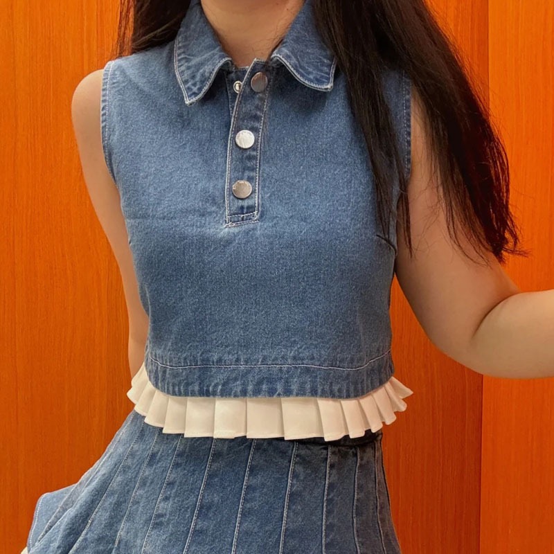 【高品质】shushu夏新款复古牛仔背心短袖无袖tong圆领连衣裙sst
