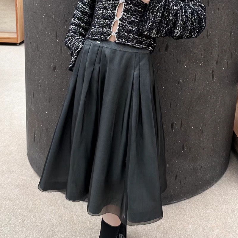 高级百搭休闲简约影子双层半身裙中长款真丝蓬蓬大摆伞裙marchen