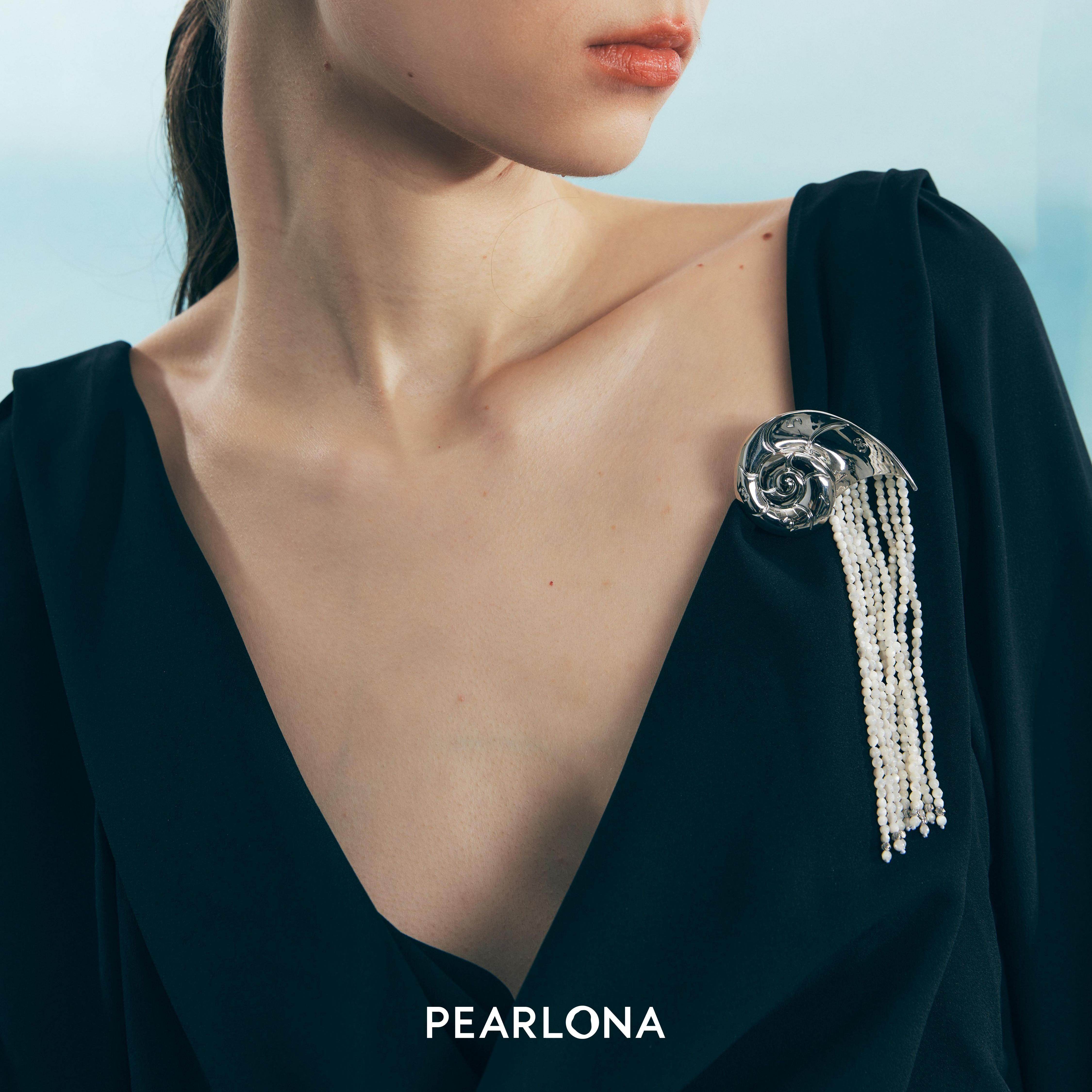 PEARLONA海水白马蹄螺切面珠流苏斐波那契数列鹦鹉螺胸针发夹新品
