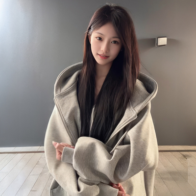 灰色卫衣外套女2025新款爆款加绒加厚连帽开衫秋冬季宽松拉链上衣