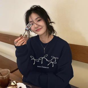 新款 圆领无帽长袖 上衣 爆款 藏蓝色加绒卫衣女秋冬加绒加厚2025新款