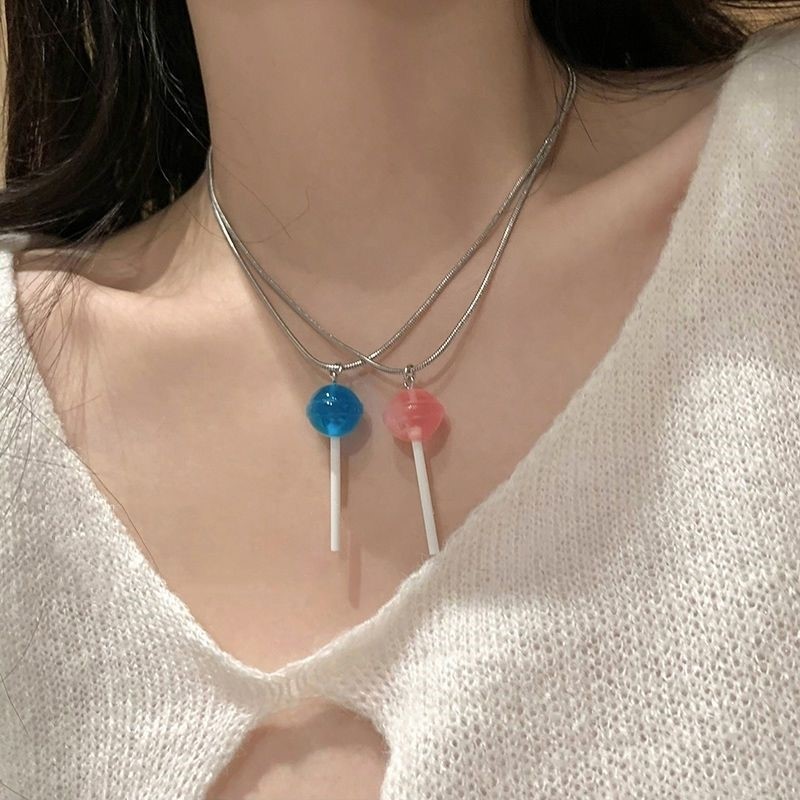 可爱糖果色水晶吊坠抖音快手同款锁骨链创意ins棒棒糖项链女学生