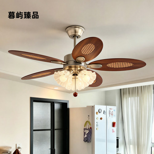 中古风扇吊灯胡桃色护眼卧室餐厅