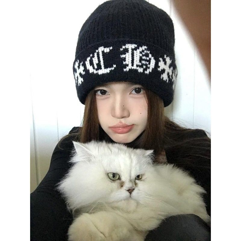double i i  韩系简约字母毛线帽女秋冬保暖加厚冷帽情侣款针织帽