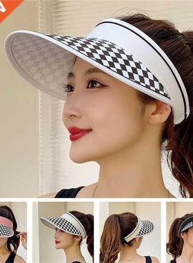 Women Faion Checkerboard Empty Top Sun Hat Summer Outdoor