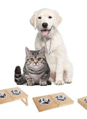 Pet Bamboo Double Bowl Rack Dog Raised Elevated Stainless