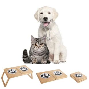 Pet Bamboo Double Bowl Rack Dog Raised Elevated Stainless