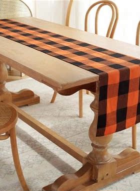Orange Black Plaid Linen Table Runner Tablecloth Halloween