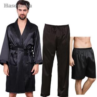 3 PCS 100% Real Silk Robe Pants Pajama Set For Men Kimono Ho
