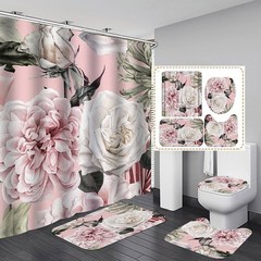 Big Flower Shower Curtain Mat Set with Carpet Bath Screen f