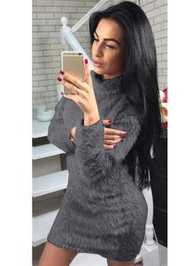 Winter Plush Warm Sweater Dress Women Long Sleeve Turtleneck