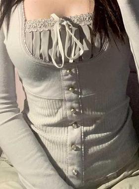 Rapcopter Y2K Sweet Cute Crop Top Lace Frill Bow Pullovers V