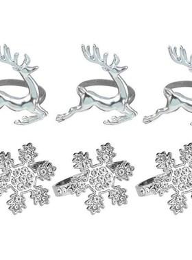 6PCS Silver Napkin Rings Snowflake Reindeer 适用于 Christmas