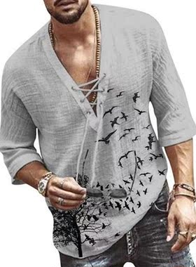 Dihope Mens Fashion Hippie Linen Shirt Casual Middle Sleeve