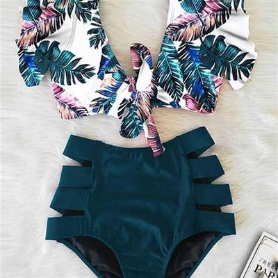 Floral Ruffled Hem Bikini Set Women Flora V-Neck High-Waiste