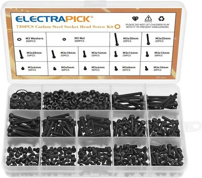 Electrapick 730pcs M3 Carbon Steel Socket Head Cap Screws Wi