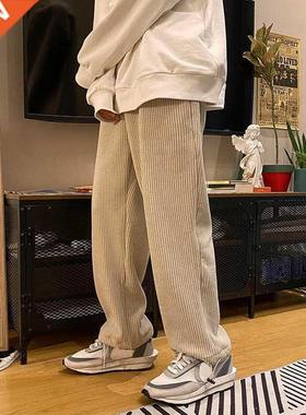SHUJIN Man Casual Tie Leg Straig Pants Woman Corduroy Soli