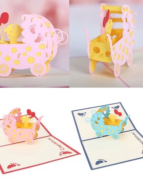 3D Baby CarriagesGreeting Card Pop Up Paper Cut Postcard Bir