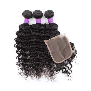 Natural Color Deep Wave Human Hair Bundles With 4x4 Lace Clo