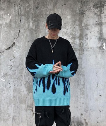 Hip Hop Sweater Pullover Men Women Blue Pink Fire Flame Knit