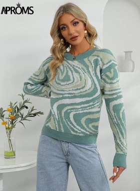 Aproms Elegant Green Tie Dye Knitted Sweater and Pullovers W