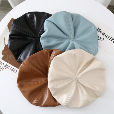 Big PU leather Berets For Women Fashion Ladies Black Caps St