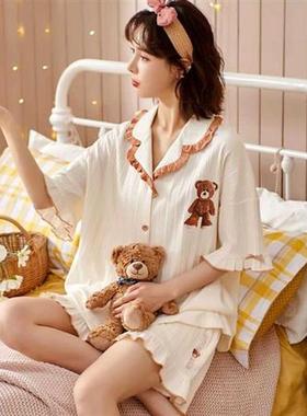 Women Pajama Sets Patchwork Bow Ruffles Simple Turn-down Col