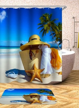 Curtain-Printed Shower Bathroom Hooks Beach-Shell Waterproof