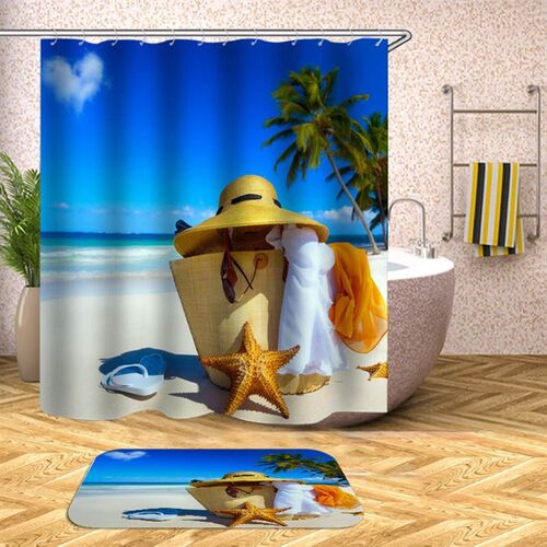 Curtain-Printed Shower Bathroom Hooks Beach-Shell Waterproof
