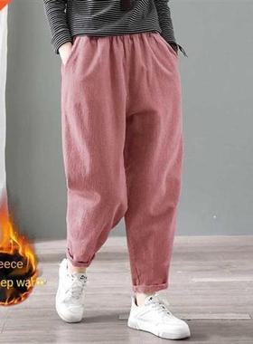 Velvet Warm Winter Pants for Women Elastic Waist Corduroy Ha
